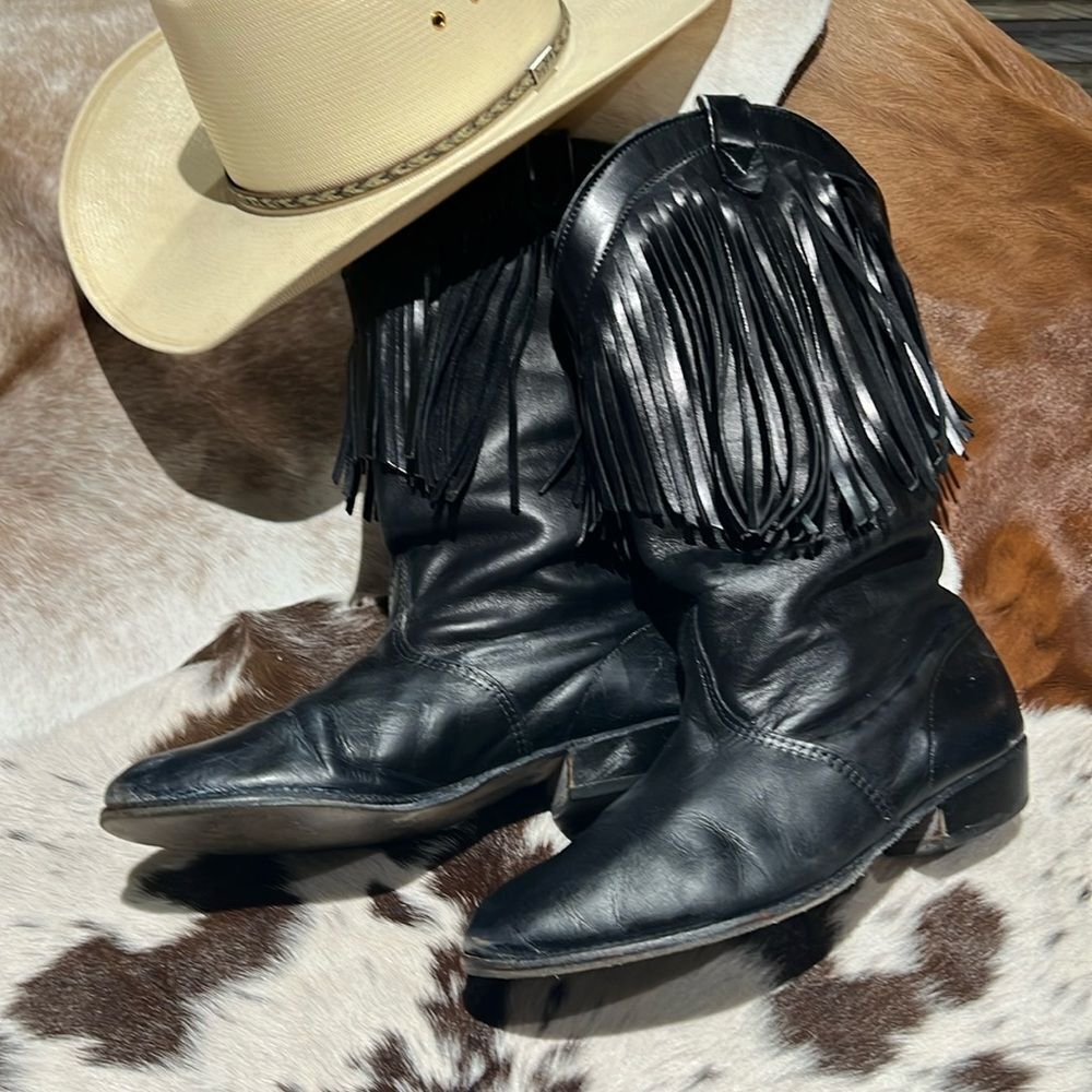 Vintage Black Real Leather Fringe Cowboy Boots Festival Rave Burning‎ Man A21